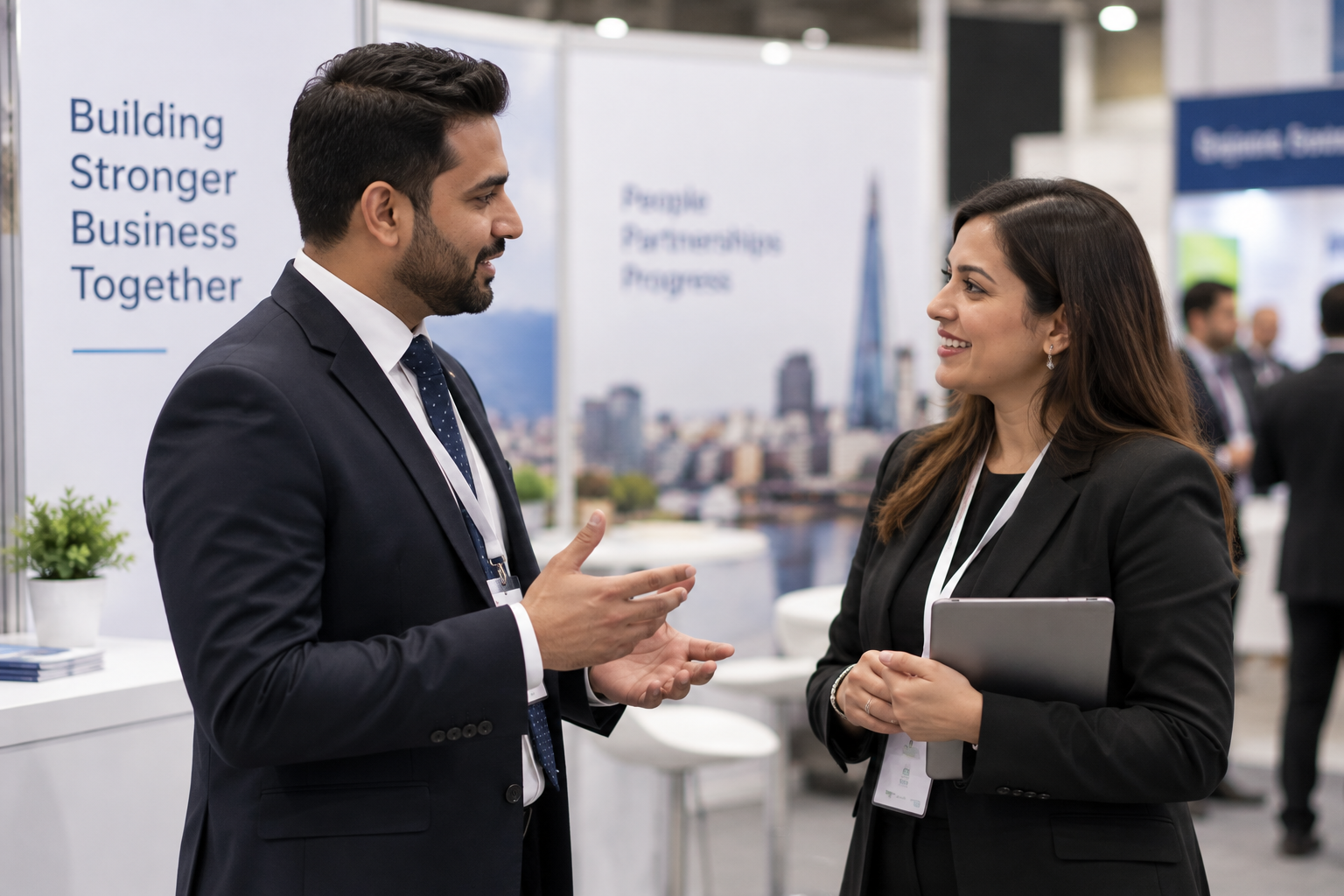 Business professionals networking at an exhibition stand