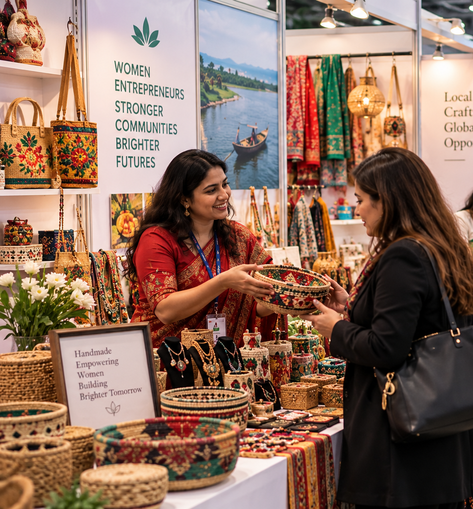 Exhibitor showcasing handmade products at a trade fair